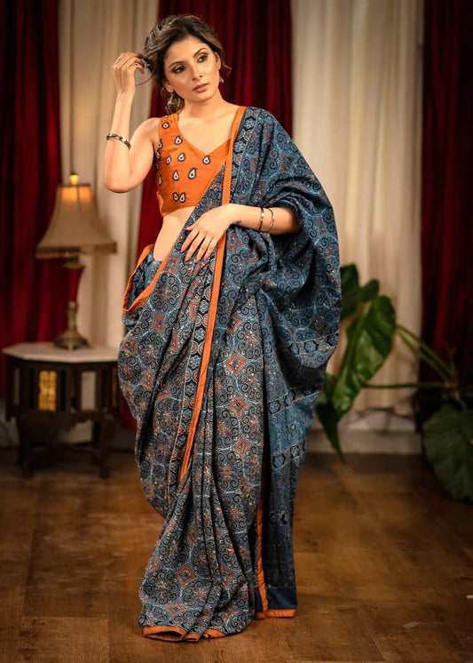 INDIGO COLOR AJRAKH SAREE