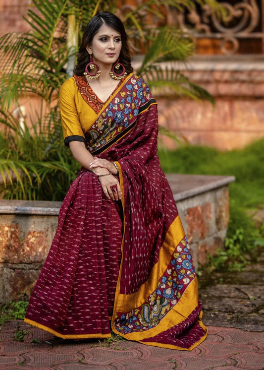 TRADITIONAL MAROON COLOR KALAMKARI DIGITAL PRINTED LINEN SAREE