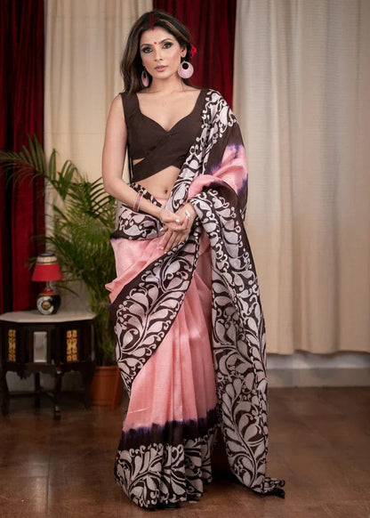 PINK AND BLACK COLOR DIGITAL PRINTED LINEN SAREE