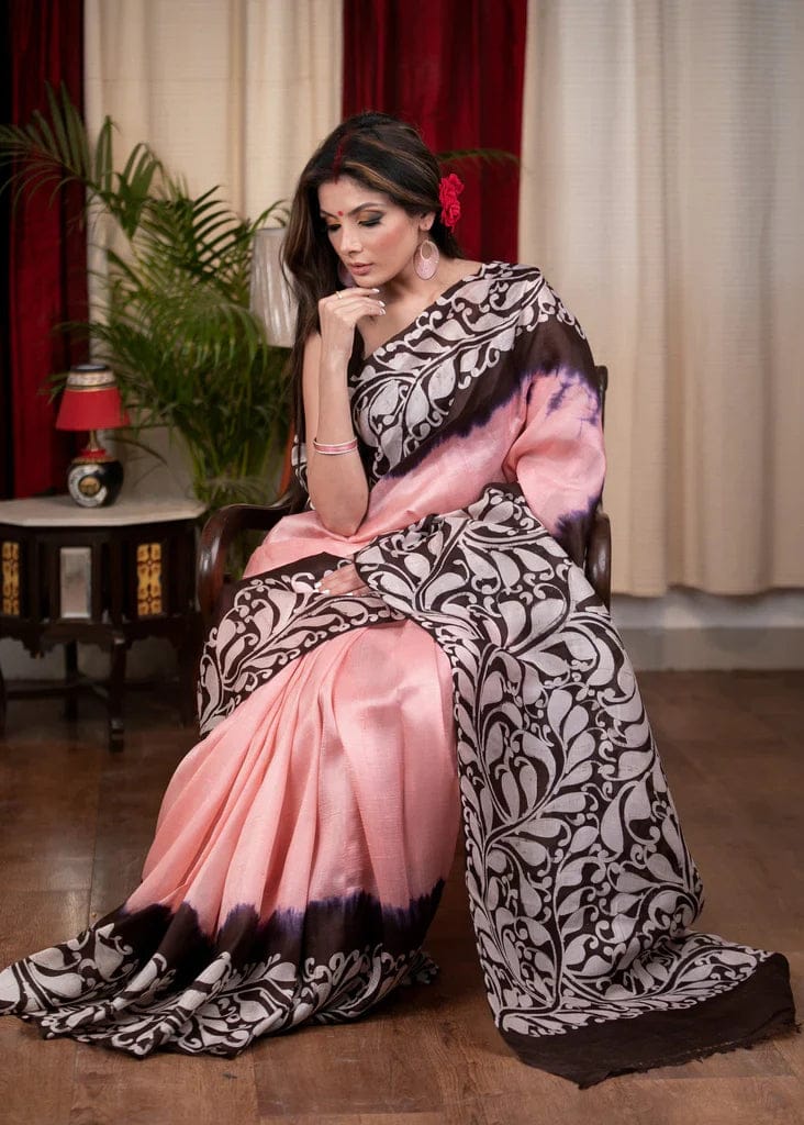 PINK AND BLACK COLOR DIGITAL PRINTED LINEN SAREE