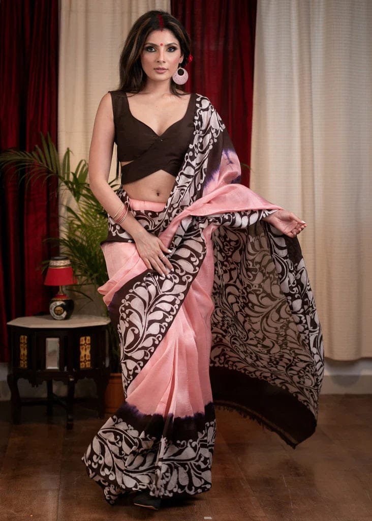 PINK AND BLACK COLOR DIGITAL PRINTED LINEN SAREE