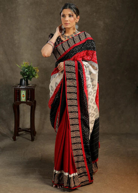 TRADITIONAL RED WHITE AJRAKH  PRINTED LINEN SAREE