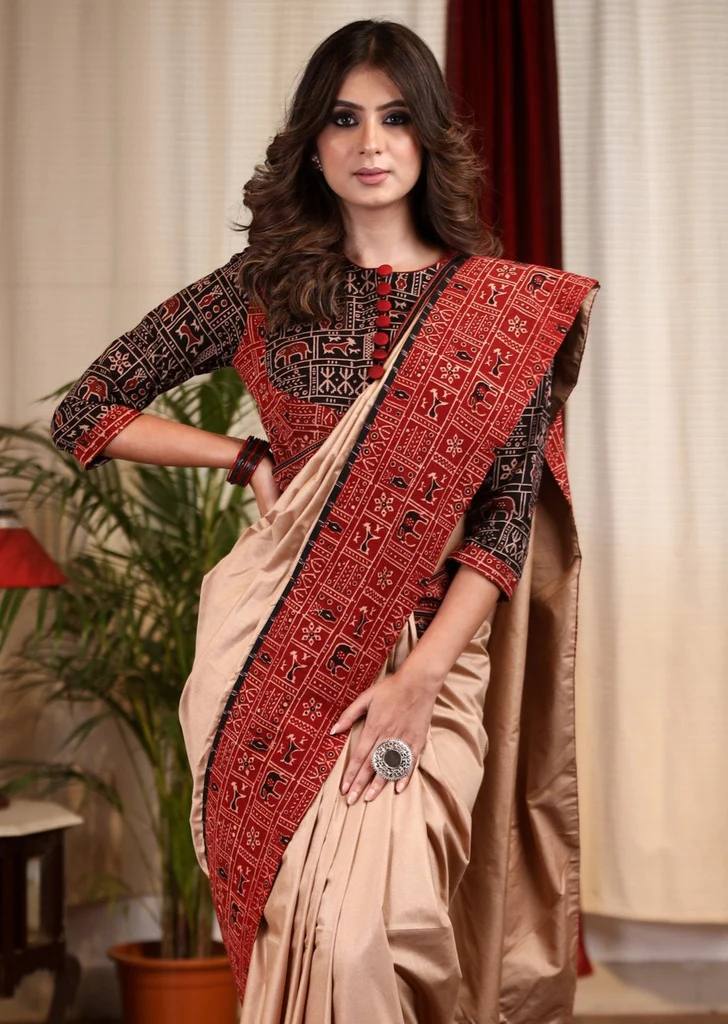 TRADITIONAL BEIGE KALAMKARI PRINTED LINEN SAREE