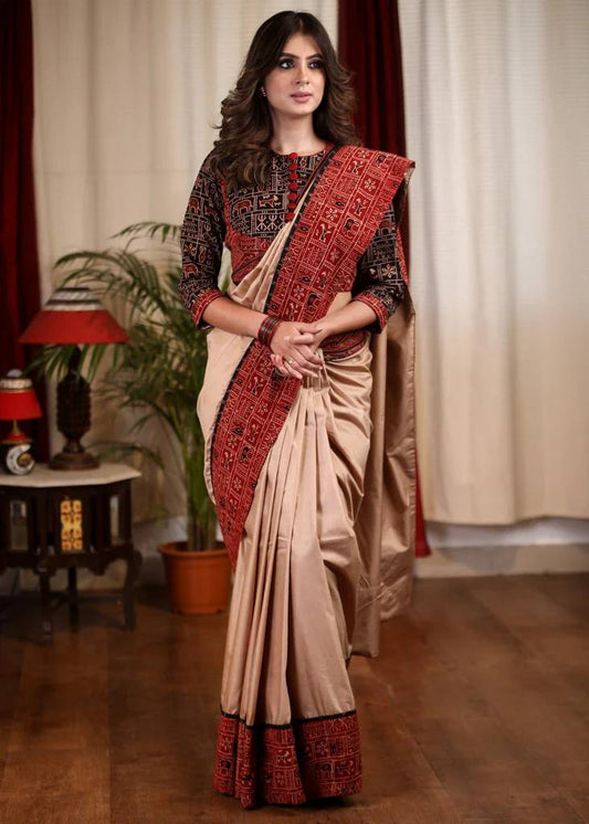 TRADITIONAL BEIGE KALAMKARI PRINTED LINEN SAREE