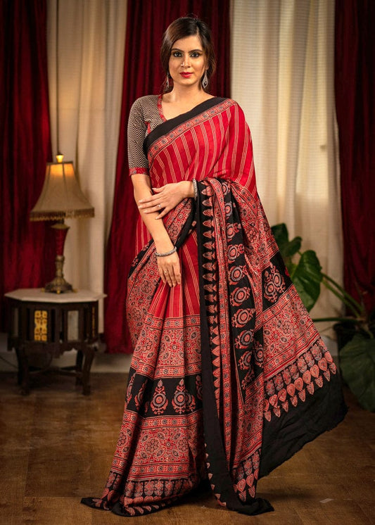 ETHNIC AJRAKH RED BALCK  DIGITAL PRINTED LINEN SAREE