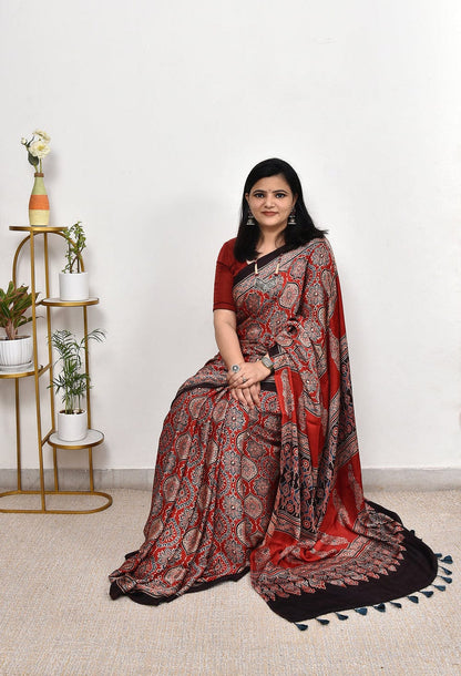 ELEGNET RED COLOUR AJRAKH SAREE