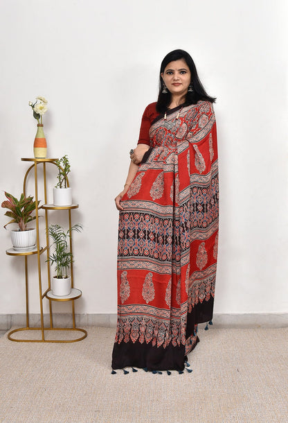 ELEGNET RED COLOUR AJRAKH SAREE