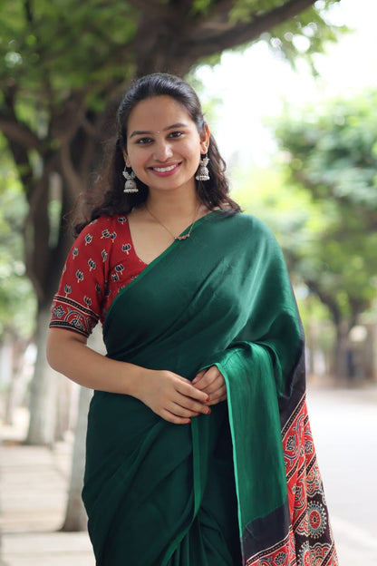 GREEN COLOR AJRAKH MODAL SILK SAREE