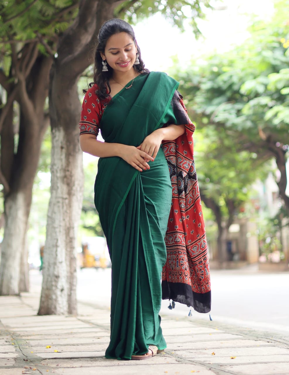 GREEN COLOR AJRAKH MODAL SILK SAREE