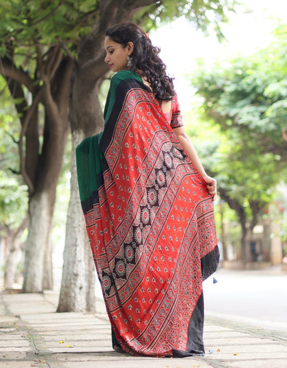 GREEN COLOR AJRAKH MODAL SILK SAREE