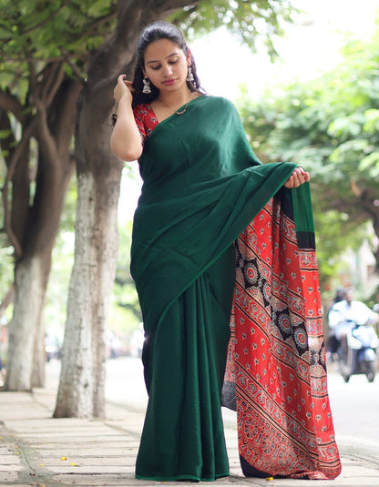 GREEN COLOR AJRAKH MODAL SILK SAREE