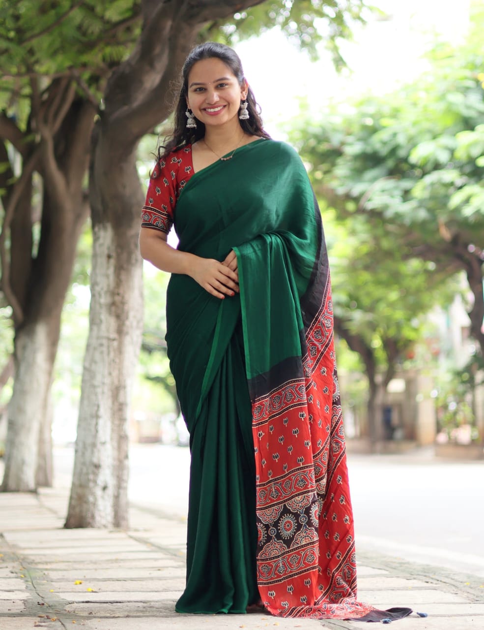 GREEN COLOR AJRAKH MODAL SILK SAREE