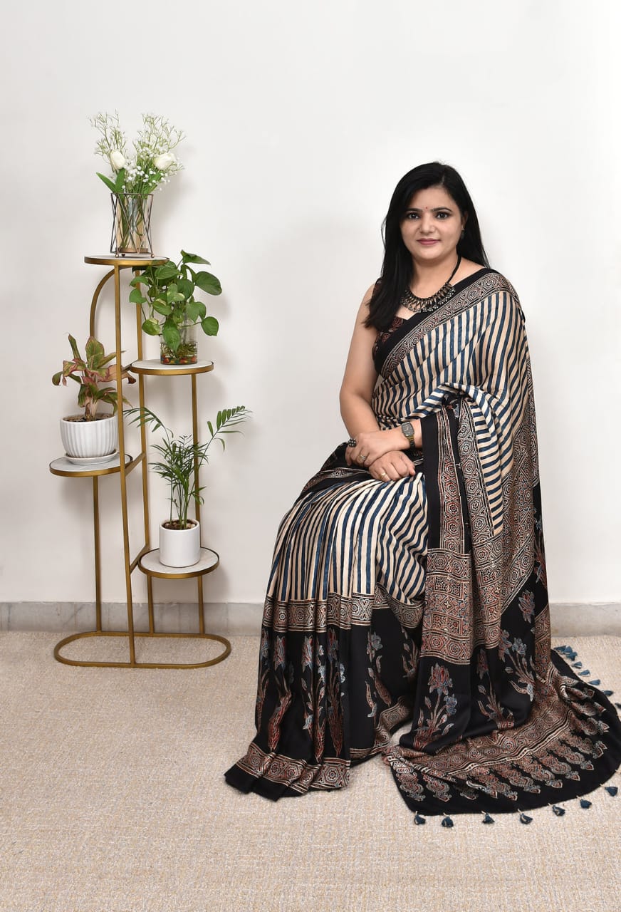 CHARCOAL COLOR AJRAKH MODAL SILK SAREE