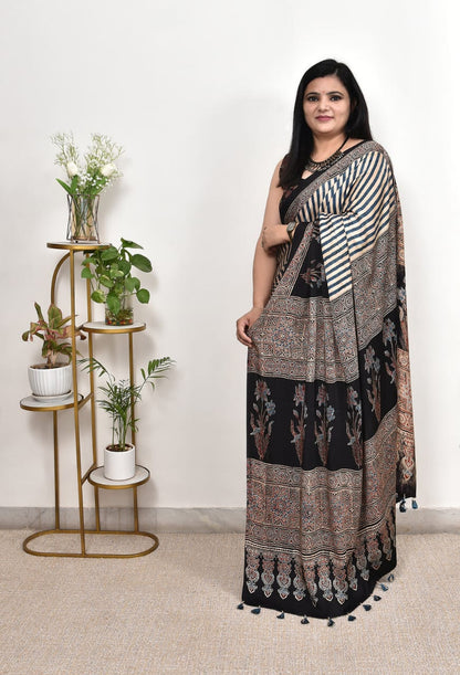 CHARCOAL COLOR AJRAKH MODAL SILK SAREE