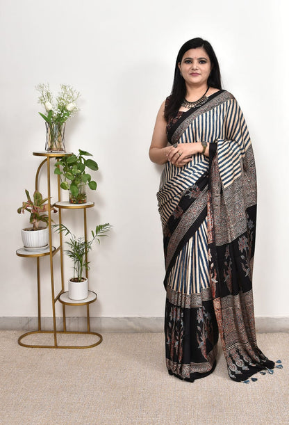 CHARCOAL COLOR AJRAKH MODAL SILK SAREE