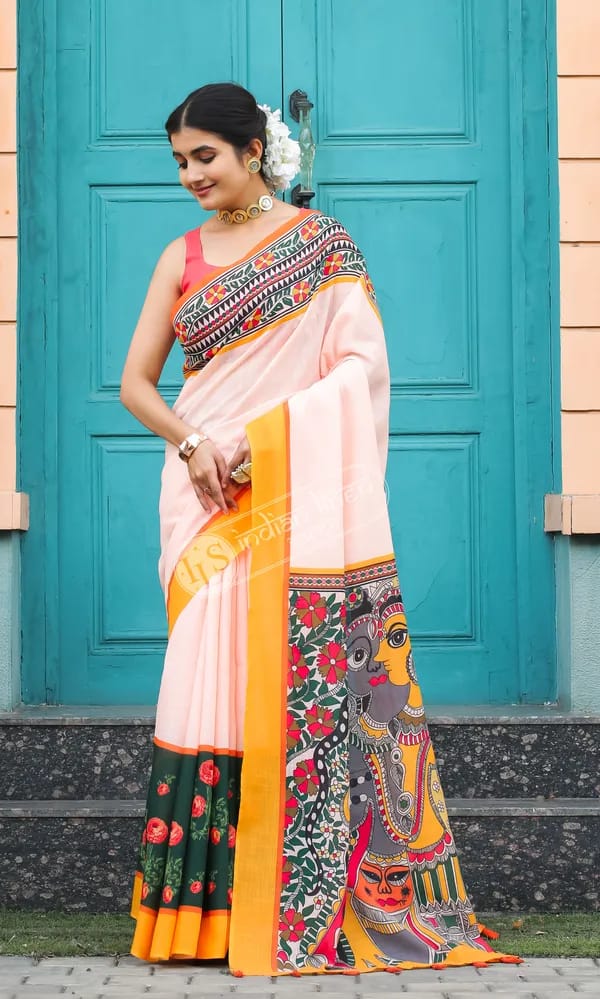 ATTRACATIVE YELLOW COLOUR KALAMKARI DIGITAL PRINTED LINEN SAREE