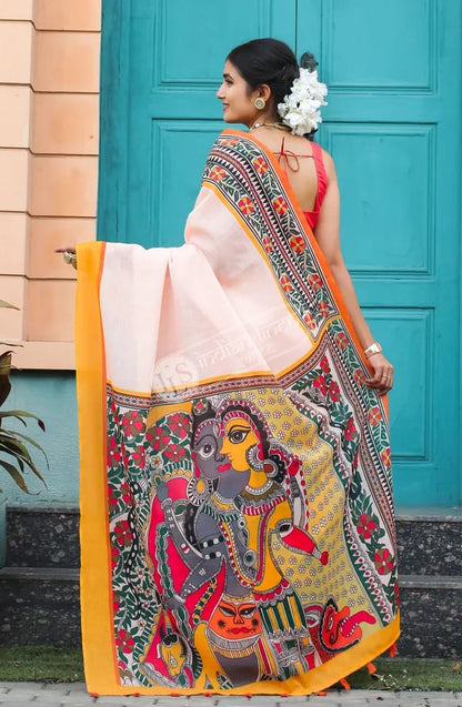 ATTRACATIVE YELLOW COLOUR KALAMKARI DIGITAL PRINTED LINEN SAREE