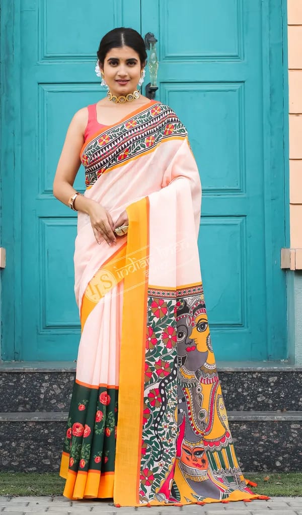 ATTRACATIVE YELLOW COLOUR KALAMKARI DIGITAL PRINTED LINEN SAREE