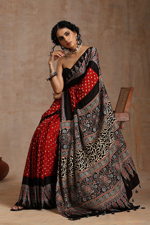 Jahangir Khatri - Black & Red Ajrakh With Bandhani Modal Saree - 00