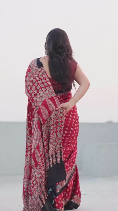 RED COLOR AJRAKH MODAL SILK SAREE